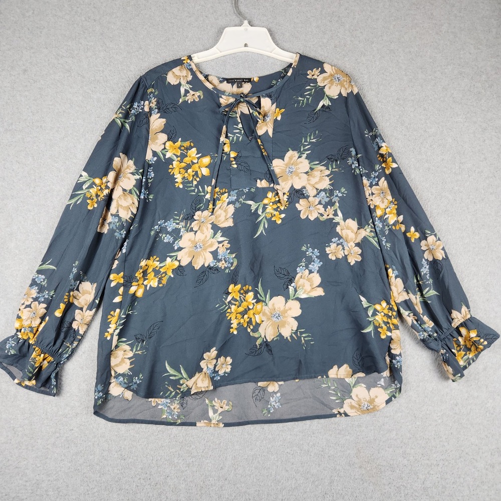 West Kei Blouse Top Womens Large Blue Floral Tie Neck Ruffle Cuff High-Low Hem